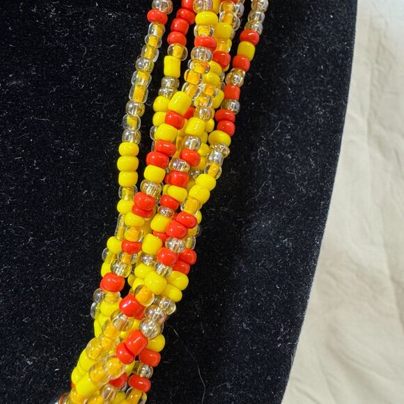 Multicolor 7 strand Seed Bead Statement Necklace With Silver & Orange Pendant - Picture 3 of 8